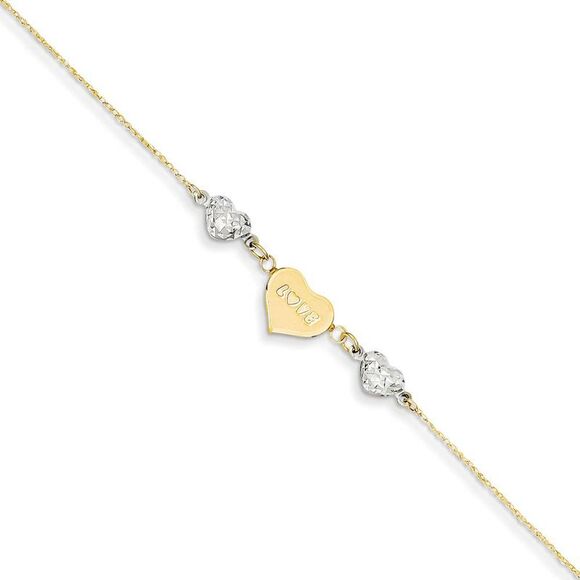 14k Two-Tone Gold Diamond-Cut Puffed and Love Heart Anklet, 9 Inch - Picture 1 of 5